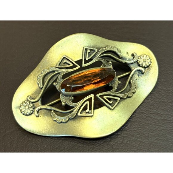 Antique ART NOUVEAU DECO Yellow Czech Glass Brass Sash Pin BROOCH Vintage - Picture 1 of 7
